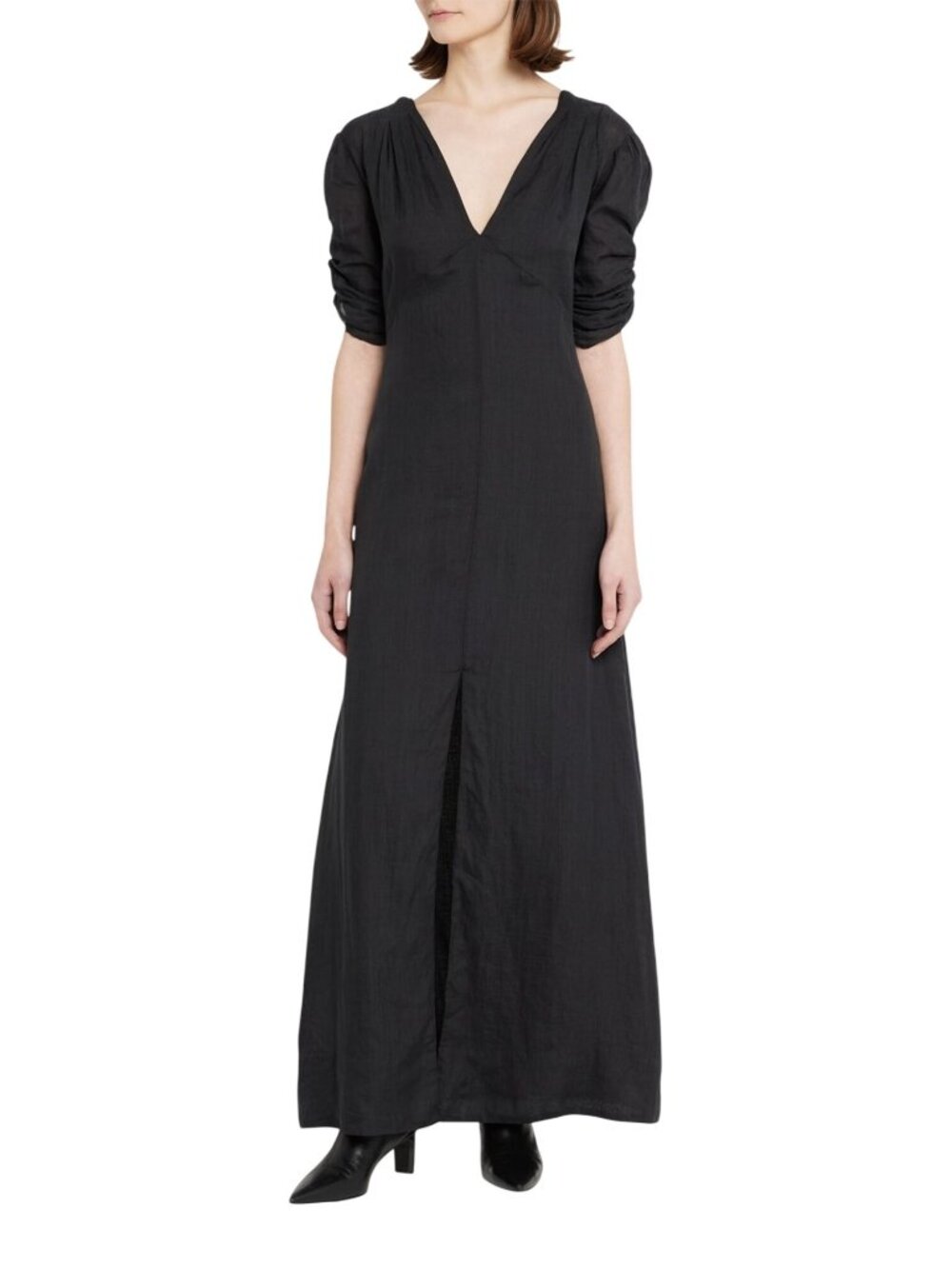 FRAME Shirred Sleeve 100% Ramie Black V-Neck 1/4 Sleeve Maxi Dress Sz XS - Picture 3 of 10